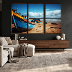 Fishing Boats Wall Art Canvas Print, Coastal Boat Beach