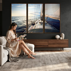 Sailboat Wall Art Canvas Print, Ocean Sunset Sailing Framed
