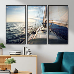 Sailboat Wall Art Canvas Print, Ocean Sunset Sailing Framed