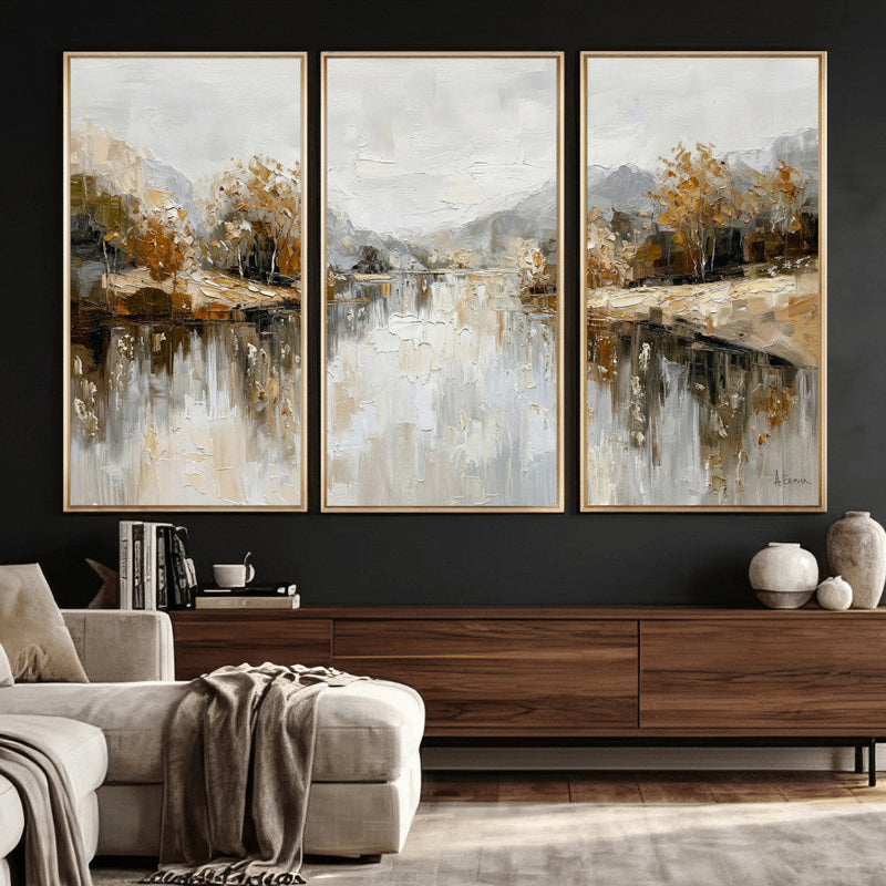 Neutral Abstract Lake Landscape Wall Art Canvas Print