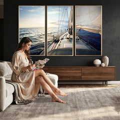 Sailboat Wall Art Canvas Print, Ocean Sunset Sailing Framed