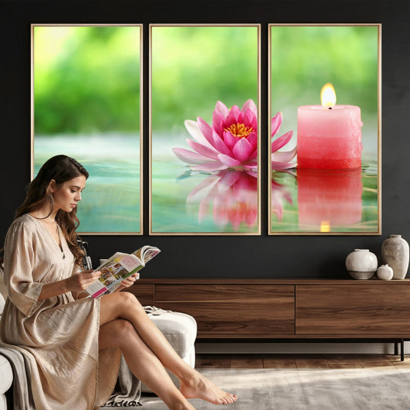 Zen Lotus Candle Canvas Wall Art Pink Spa Meditation