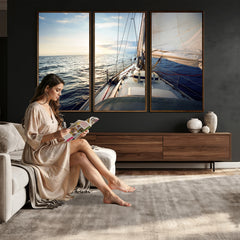 Sailboat Wall Art Canvas Print, Ocean Sunset Sailing Framed