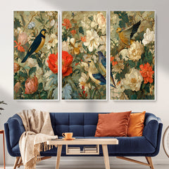 Vintage Birds and Flowers Wall Art Canvas Print, Botanical