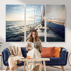 Sailboat Wall Art Canvas Print, Ocean Sunset Sailing Framed