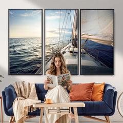 Sailboat Wall Art Canvas Print, Ocean Sunset Sailing Framed
