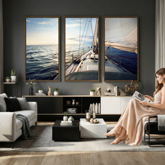 Sailboat Wall Art Canvas Print, Ocean Sunset Sailing Framed