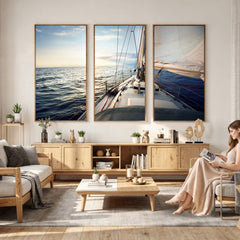 Sailboat Wall Art Canvas Print, Ocean Sunset Sailing Framed
