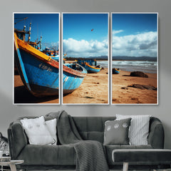 Fishing Boats Wall Art Canvas Print, Coastal Boat Beach