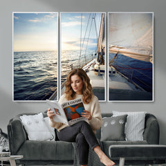 Sailboat Wall Art Canvas Print, Ocean Sunset Sailing Framed