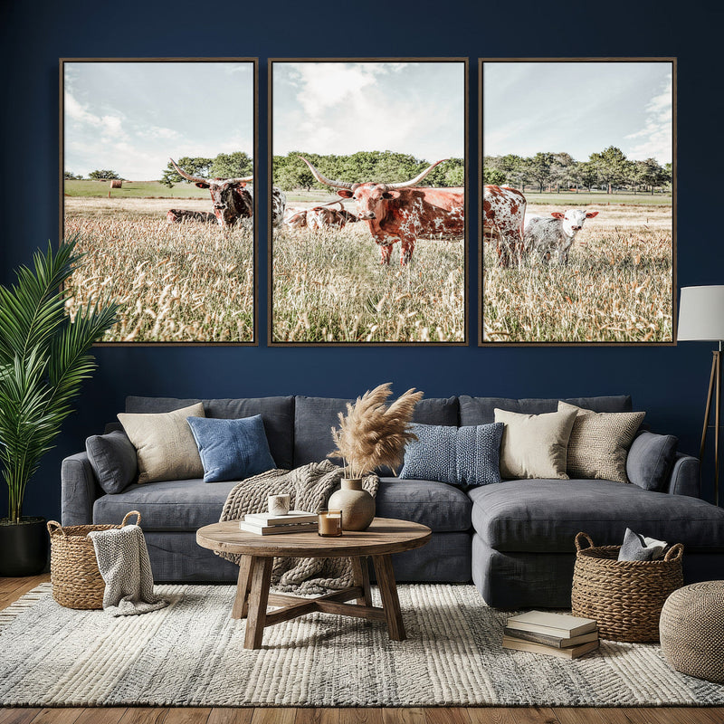 Texas Longhorn Cattle Wall Art Canvas Print, Rustic Ranch