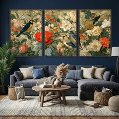 Vintage Birds and Flowers Wall Art Canvas Print, Botanical