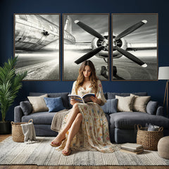 Vintage Airplane Wall Art Canvas Print, Black and White