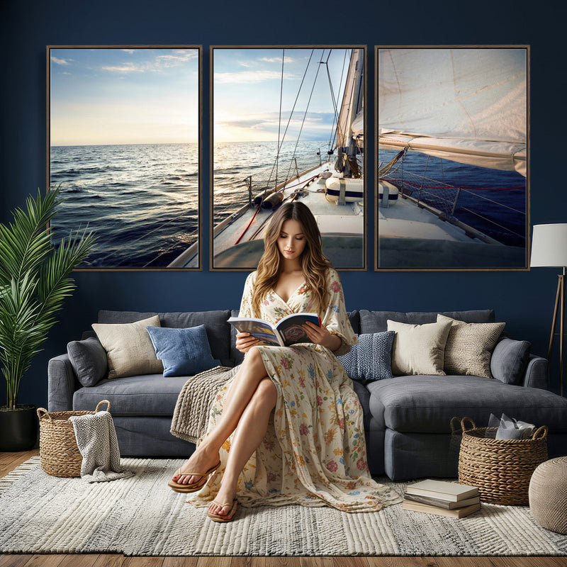 Sailboat Wall Art Canvas Print, Ocean Sunset Sailing Framed