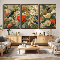 Vintage Birds and Flowers Wall Art Canvas Print, Botanical
