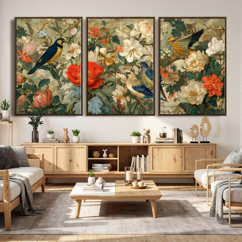 Vintage Birds and Flowers Wall Art Canvas Print, Botanical