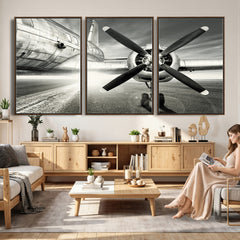 Vintage Airplane Wall Art Canvas Print, Black and White