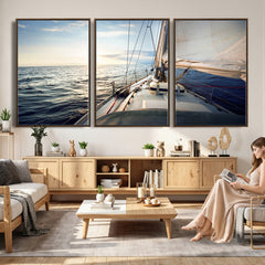 Sailboat Wall Art Canvas Print, Ocean Sunset Sailing Framed
