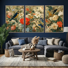 Vintage Birds and Flowers Wall Art Canvas Print, Botanical
