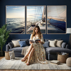 Sailboat Wall Art Canvas Print, Ocean Sunset Sailing Framed