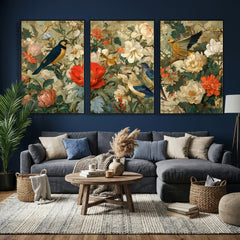 Vintage Birds and Flowers Wall Art Canvas Print, Botanical
