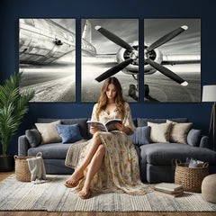 Vintage Airplane Wall Art Canvas Print, Black and White
