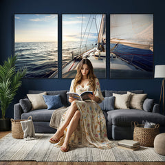 Sailboat Wall Art Canvas Print, Ocean Sunset Sailing Framed