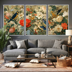 Vintage Birds and Flowers Wall Art Canvas Print, Botanical
