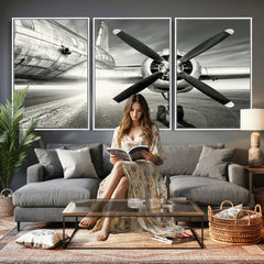 Vintage Airplane Wall Art Canvas Print, Black and White