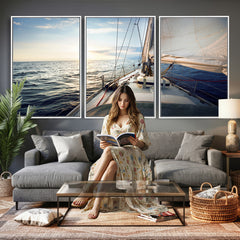 Sailboat Wall Art Canvas Print, Ocean Sunset Sailing Framed