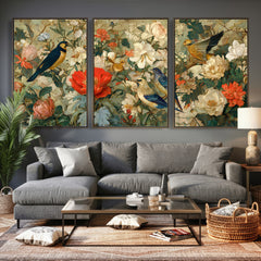 Vintage Birds and Flowers Wall Art Canvas Print, Botanical