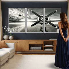 Vintage Airplane Wall Art Canvas Print, Black and White