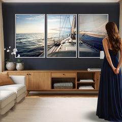 Sailboat Wall Art Canvas Print, Ocean Sunset Sailing Framed