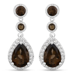 7.34 Carat Genuine Smoky Quartz and White Topaz .925 Sterling Silver Earrings