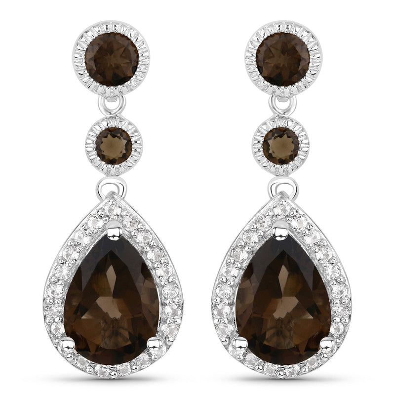 7.34 Carat Genuine Smoky Quartz and White Topaz .925 Sterling Silver Earrings