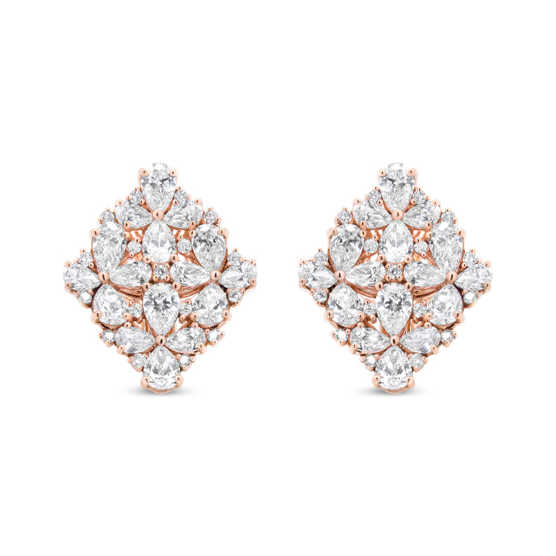 18K Rose Gold 8 1/3 Cttw Pear and Round Diamond Floral Cluster Omega Earrings (F-G Color, VS1-VS2 Clarity)