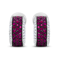 18K White Gold and Black Rhodium Plated 3/4 Cttw Round Diamonds and 1mm Round Red Ruby Huggie Hoop Earrings (F-G Color, VS1-VS2 Clarity)