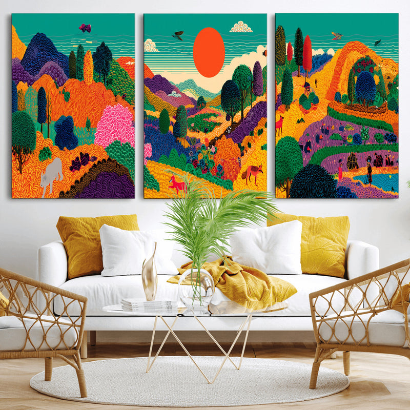 Colorful Japanese Landscape Print: Maximalist Panoramic Wall