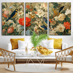 Vintage Birds and Flowers Wall Art Canvas Print, Botanical