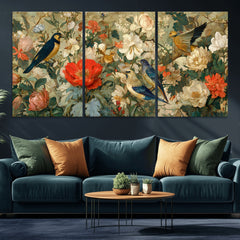 Vintage Birds and Flowers Wall Art Canvas Print, Botanical