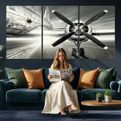 Vintage Airplane Wall Art Canvas Print, Black and White