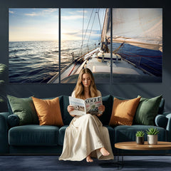 Sailboat Wall Art Canvas Print, Ocean Sunset Sailing Framed
