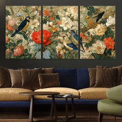 Vintage Birds and Flowers Wall Art Canvas Print, Botanical