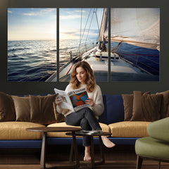 Sailboat Wall Art Canvas Print, Ocean Sunset Sailing Framed
