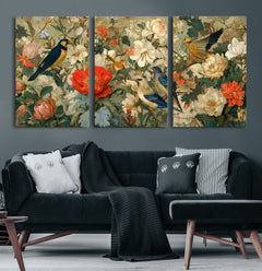 Vintage Birds and Flowers Wall Art Canvas Print, Botanical
