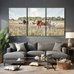 Texas Longhorn Cattle Wall Art Canvas Print, Rustic Ranch
