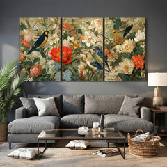 Vintage Birds and Flowers Wall Art Canvas Print, Botanical