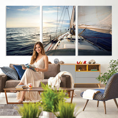 Sailboat Wall Art Canvas Print, Ocean Sunset Sailing Framed