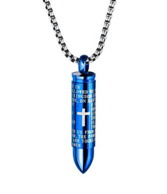 Bullet Engraved With A Cross & The Lord's Prayer English/Spanish Cremation Urn Necklace