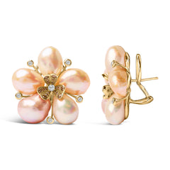 18K Rose Gold 3/8 Cttw Diamond and Freshwater Pearl Blossom Stud Earrings